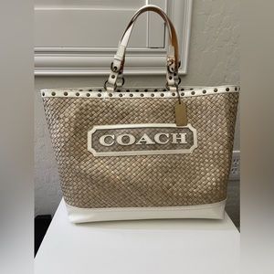 Coach woven and patent tote bag with patent insert